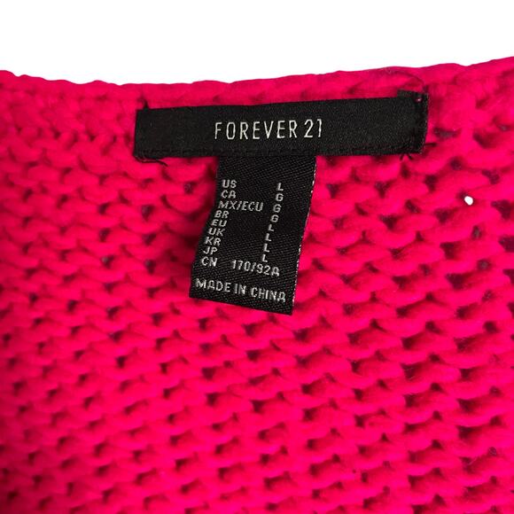 Forever 21 Bright Neon Pink Bell Sleeve Large Knit Button Up Cardigan size Large - Picture 3 of 6
